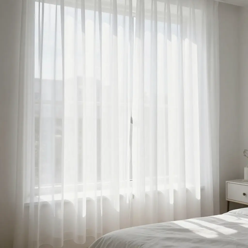Elegant sheer curtains in a bright bedroom with morning light