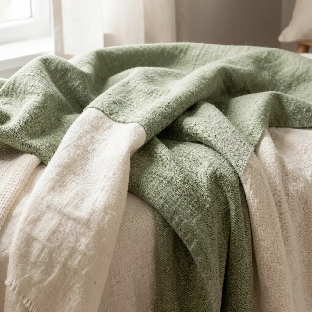 Layered drapery with textured throw blankets in sage and cream tones